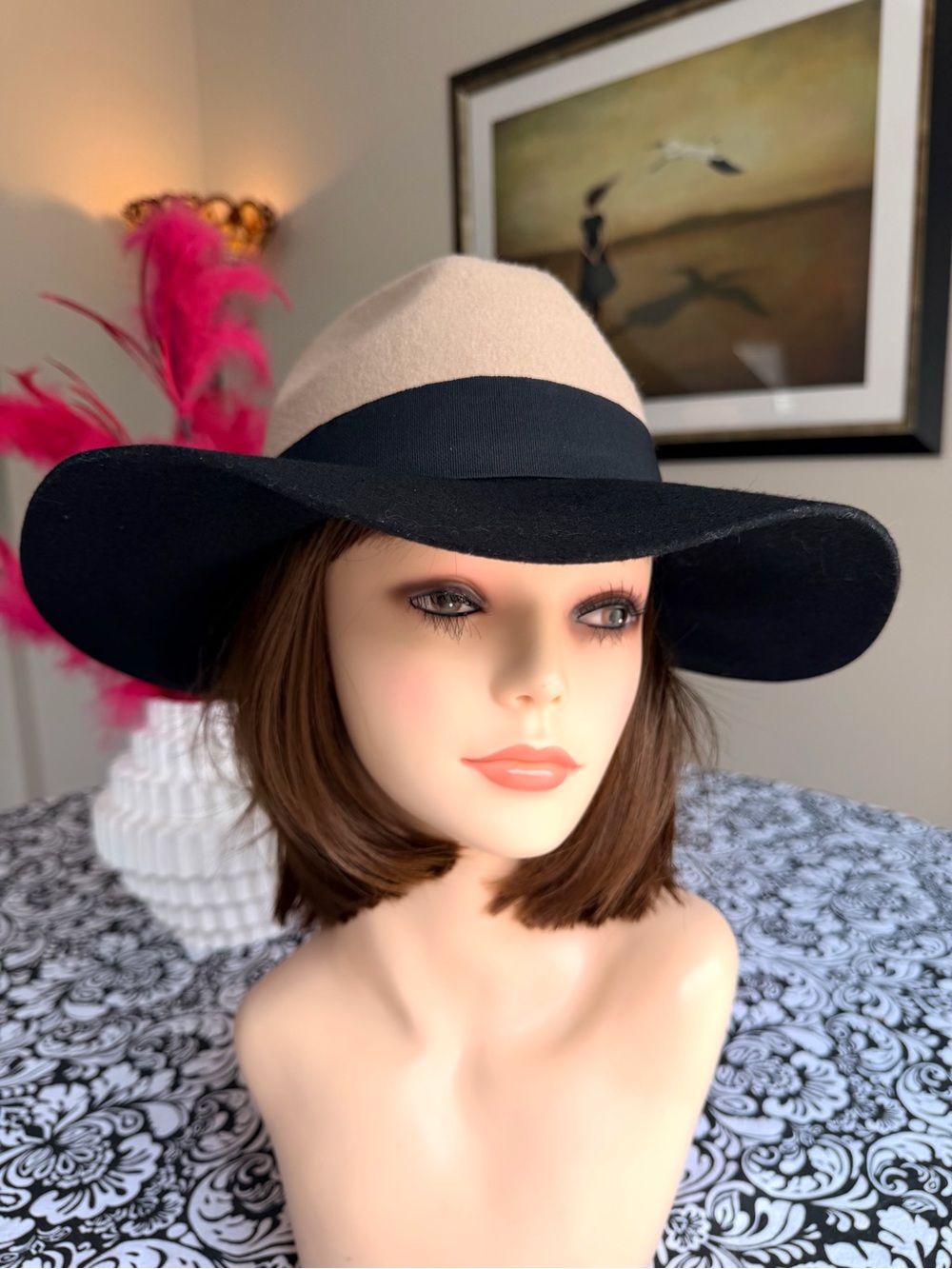 TART 100% Wool Two Tone Wide Brim Fedora Hat Black Camel Western